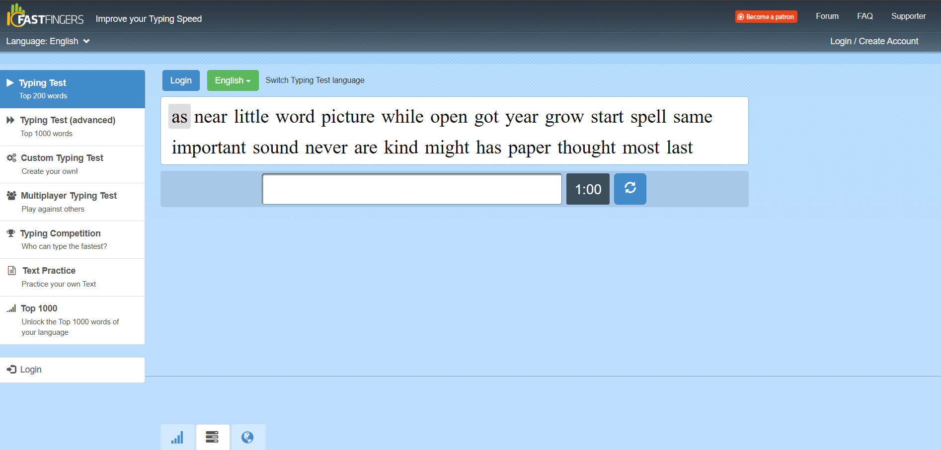 10FastFingers typing competition screen showing a one-minute test with a global leaderboard.
