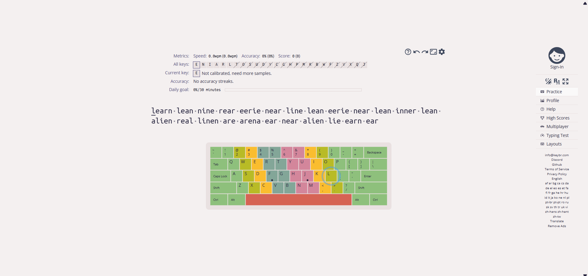Keybr.com adaptive typing lesson interface showing AI-generated words and a finger heatmap.