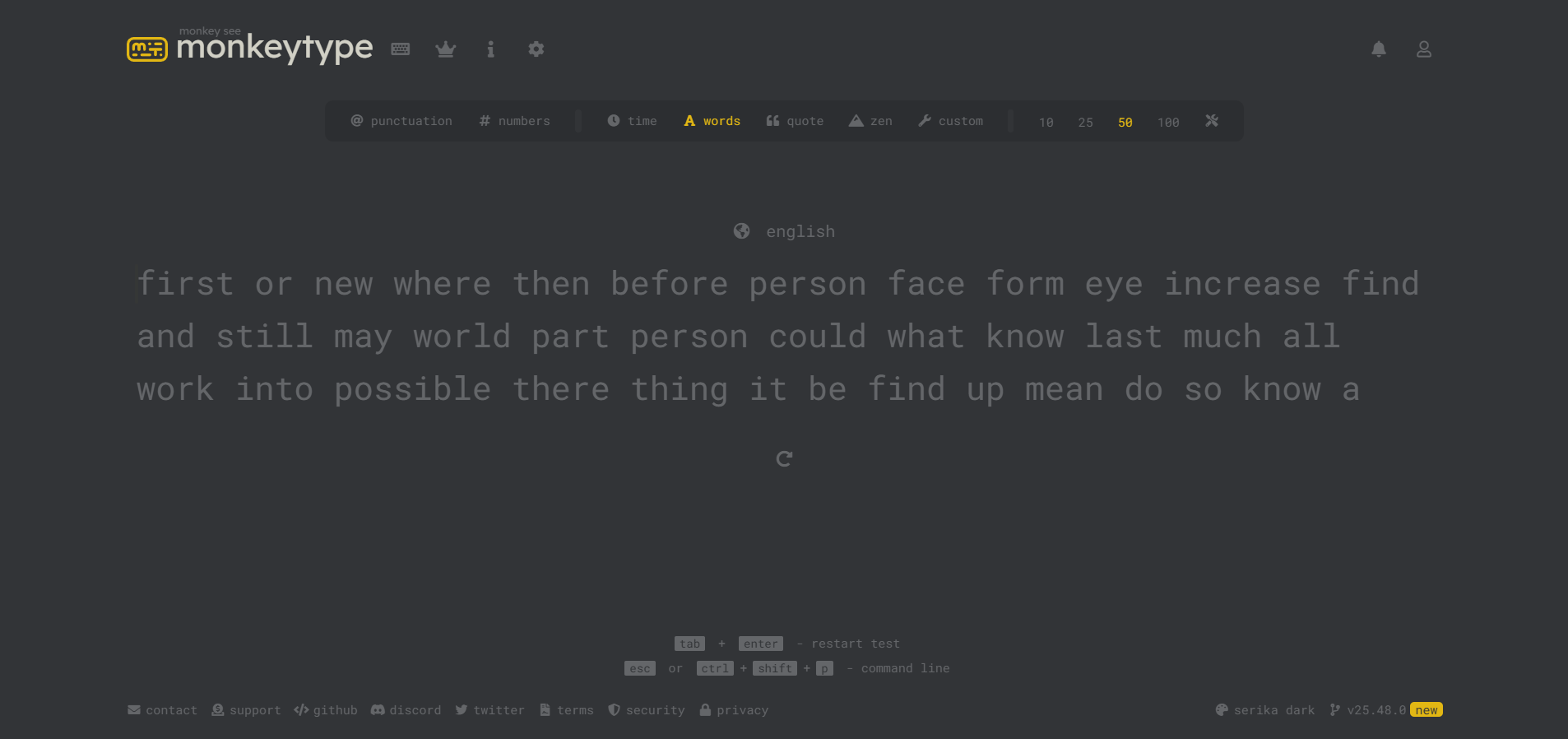 MonkeyType typing test interface showing its minimalist design and various customization options.