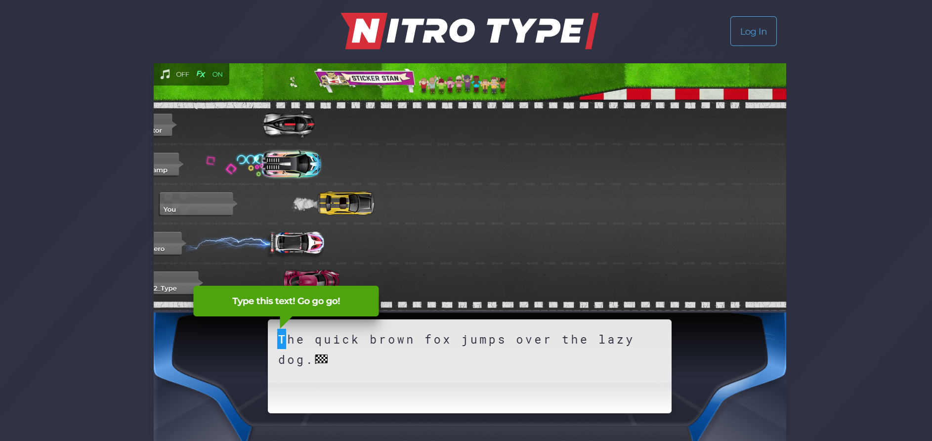 NitroType racing game where typing speed fuels a virtual car to compete against others.
