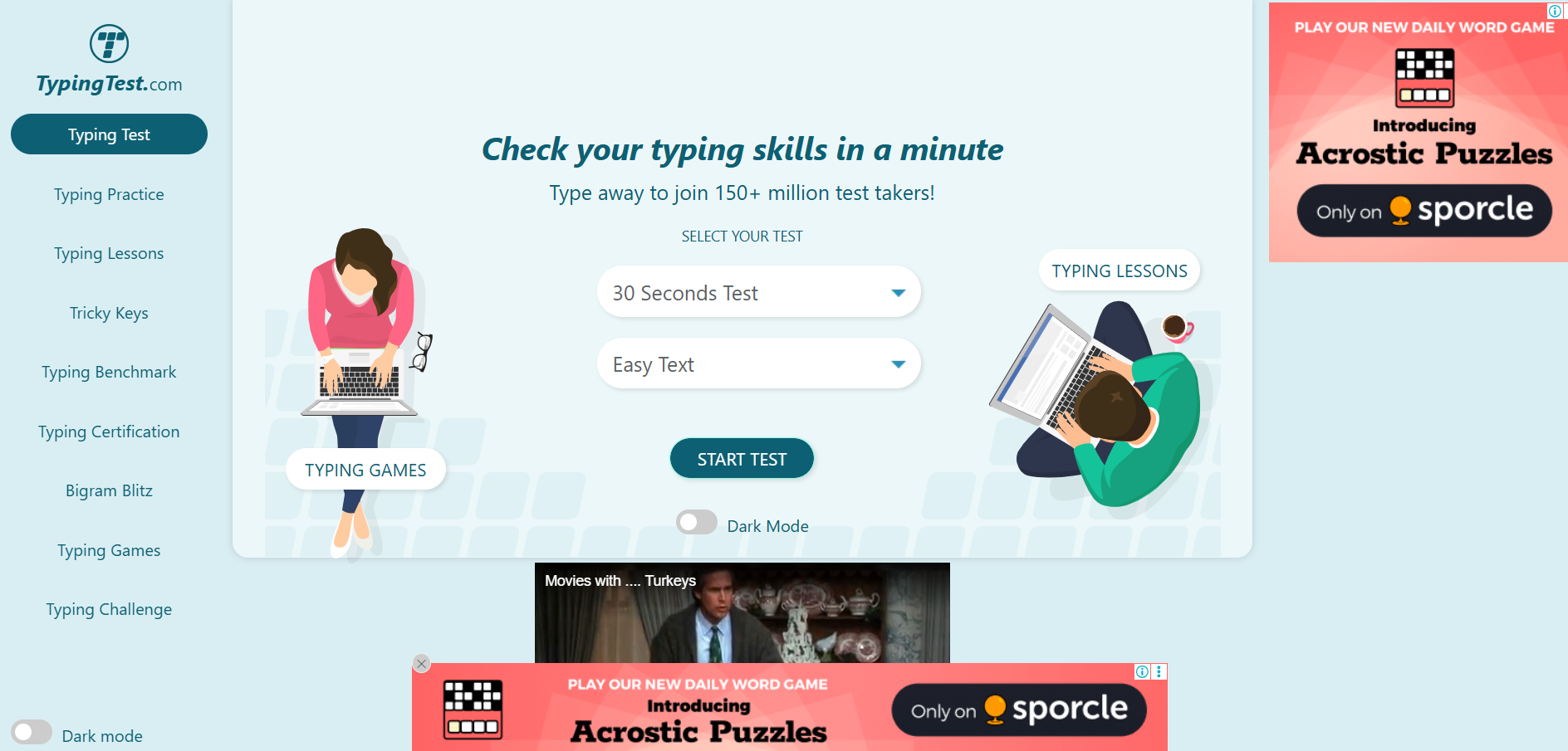 TypingTest.com classic interface showing a typing game and skill assessment options.